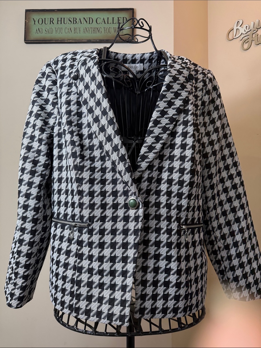 Classic Black & White Houndstooth Blazer Jacket